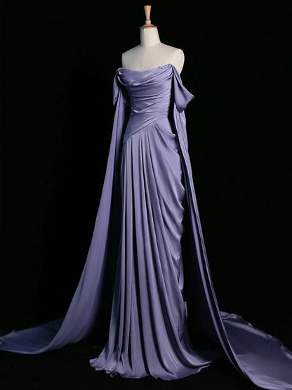 Royal Purple A-Line Off Shoulder Satin Long Prom Dress Formal Evening Dress Wedding Dress