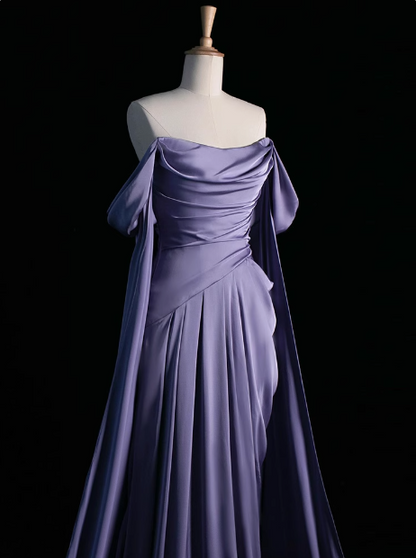 Royal Purple A-Line Off Shoulder Satin Long Prom Dress Formal Evening Dress Wedding Dress