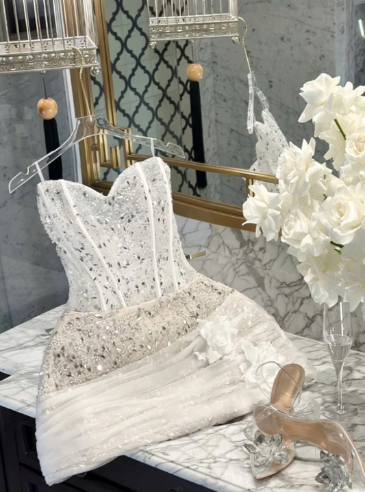 Sexy Strapless Bodycon Homecoming Dresses White Short Prom Dresses, Sequined Tulle Birthday Dresses ED04605