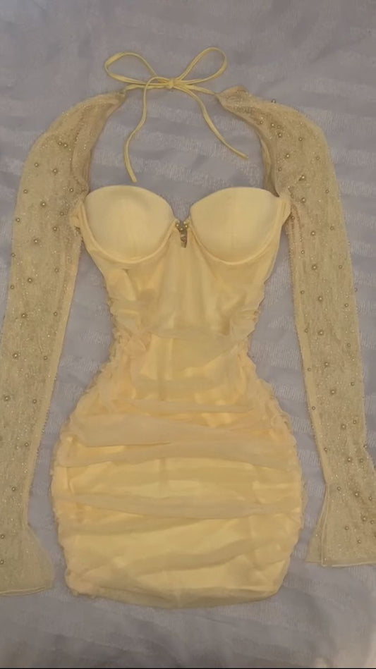 Chic Sweetheart Neck Bodycon Homecoming Dresses Tulle Long Sleeve Short Prom Dresses Yellow Birthday Dresses ED04611