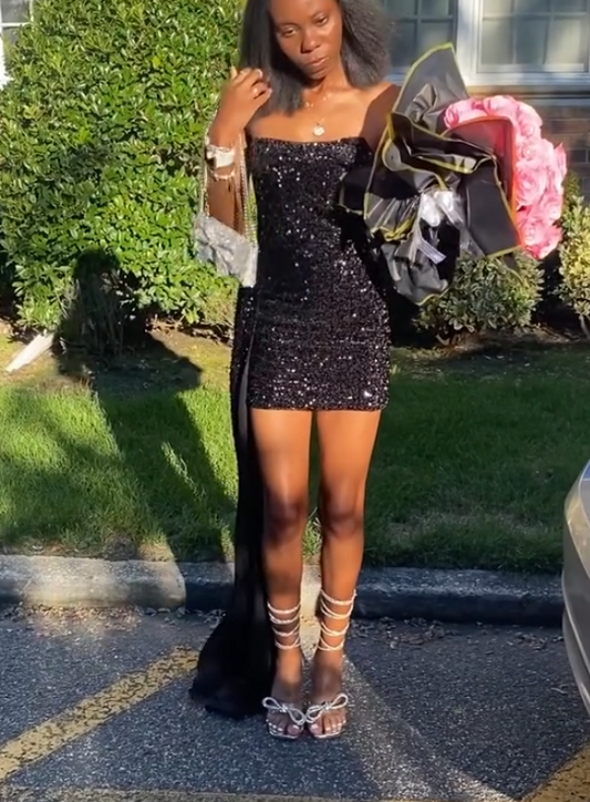 Sexy Strapless Bodycon Homecoming Dresses Sequined Short Prom Dresses Black Birthday Dresses ED04615