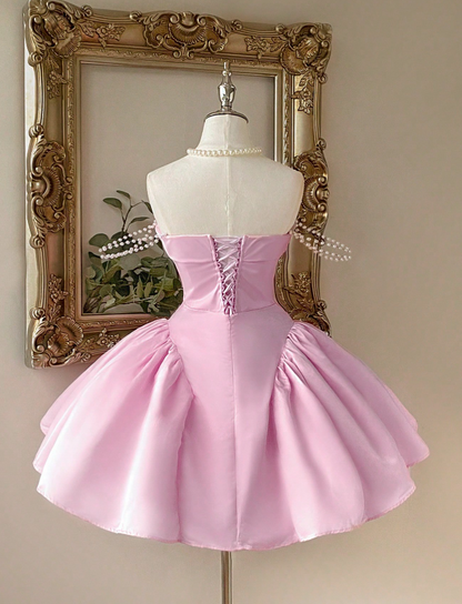 Cute Strapless A-Line Homecoming Dresses Satin Short Prom Dresses Pink Birthday Dresses ED04617