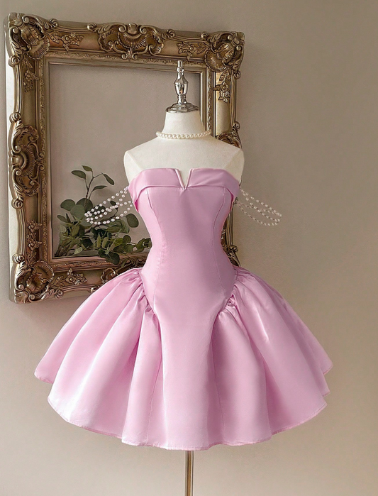 Cute Strapless A-Line Homecoming Dresses Satin Short Prom Dresses Pink Birthday Dresses ED04617