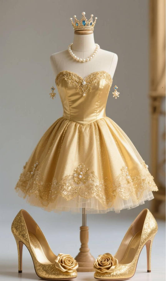 Glam Sweetheart A-Line Short Prom Dresses Satin Gold Homecoming Dresses ED04624