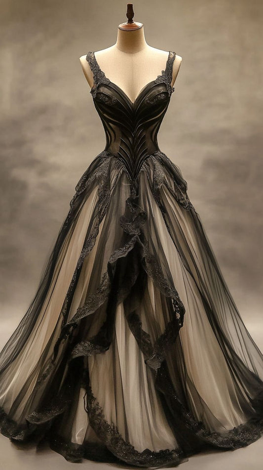 Elegant V-neck A-Line Long Prom Dresses Glitter Tulle Black Evening Dresses ED04633