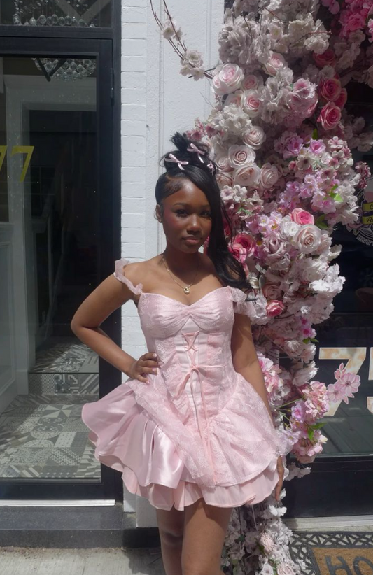 Cute Strap Ball Gown Lace Short Prom Dresses Pink Birthday Dresses Sweet Homecoming Dresses ED04642