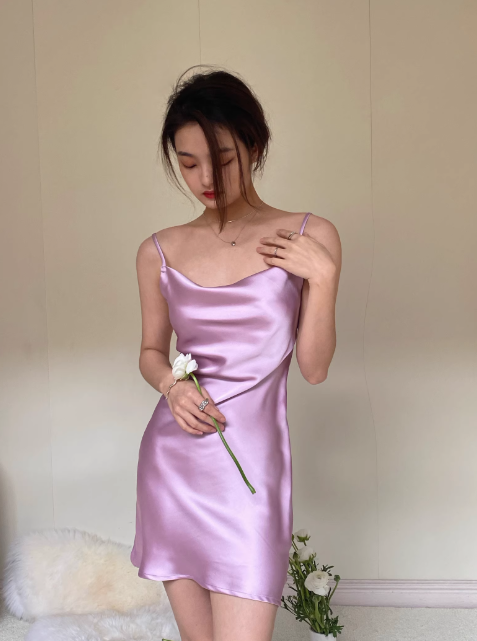Chic Spaghetti Strap Sheath Short Prom Dresses Purple Birthday Dresses Satin Sleeveless Homecoming Dresses ED04644