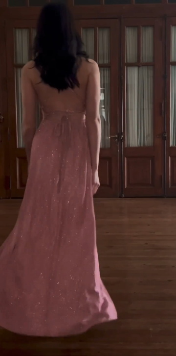 Glittery Spaghetti Strap A-Line  Long Prom Dresses with Slits  Open Back Dusty Pink Formal Dresses  ED04646