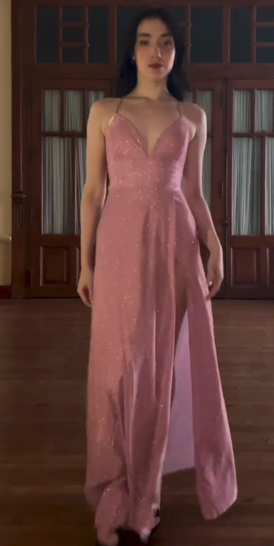 Glittery Spaghetti Strap A-Line  Long Prom Dresses with Slits  Open Back Dusty Pink Formal Dresses  ED04646