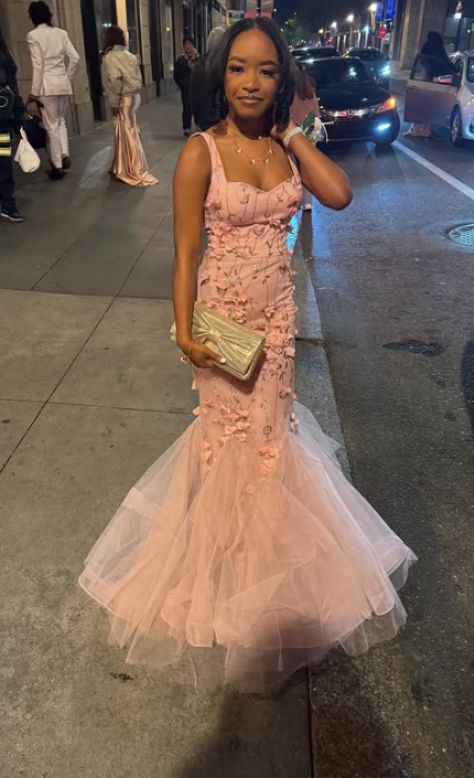 Elegant Straps Mermaid Long Prom Dresses with Appliqué Tulle Pink Formal Dresses Sweet Birthday Dresses  ED04647