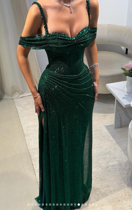 Elegant Spaghetti Strap Sheath Long Prom Dresses Sparkly  Tulle Dark Green Evening Gowns ED04648