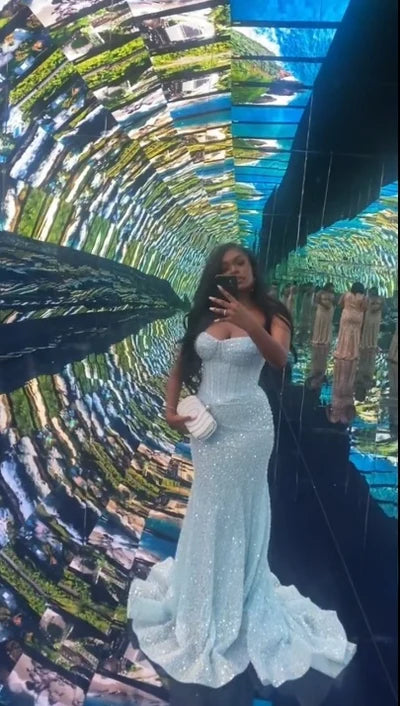 Gorgeous Strapless Mermaid Long Prom Dresses Tulle Light Blue Evening Gowns ED04649