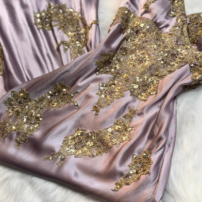 Vintage V-neck Sheath Long Prom DResses Satin Sequins Gray Purple Formal Dresses ED04651