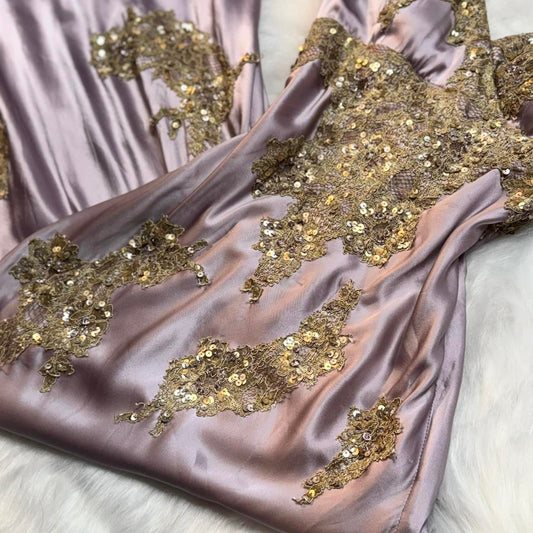 Vintage V-neck Sheath Long Prom DResses Satin Sequins Gray Purple Formal Dresses ED04651