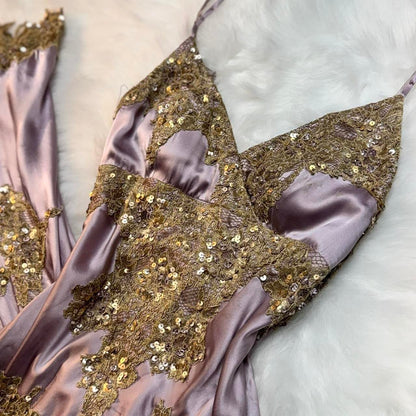 Vintage V-neck Sheath Long Prom DResses Satin Sequins Gray Purple Formal Dresses ED04651