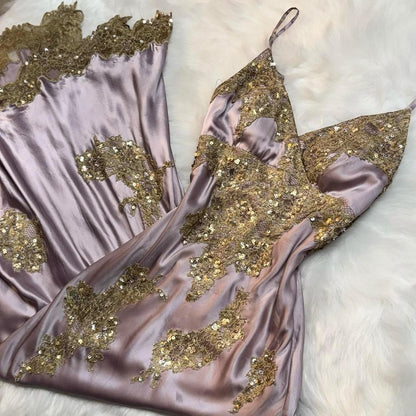 Vintage V-neck Sheath Long Prom DResses Satin Sequins Gray Purple Formal Dresses ED04651