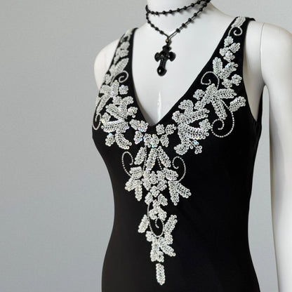 Vintage V-neck Sheath Long Prom Dresses Chiffon Sequin Black Formal Dresses Sleeveless Evening Gowns ED04652