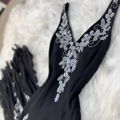 Vintage V-neck Sheath Long Prom Dresses Chiffon Sequin Black Formal Dresses Sleeveless Evening Gowns ED04652