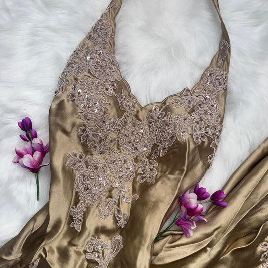 Vintage Halter Gold Formal Dresses Satin Applique Prom Dresses Elegant Sheath Evening Gowns ED04654