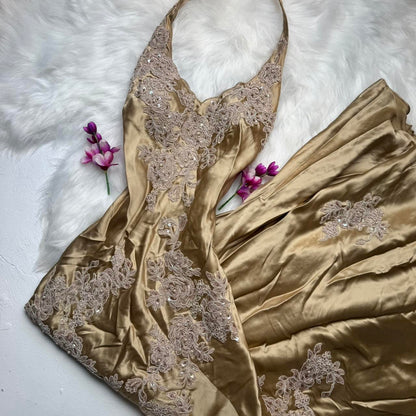 Vintage Halter Gold Formal Dresses Satin Applique Prom Dresses Elegant Sheath Evening Gowns ED04654