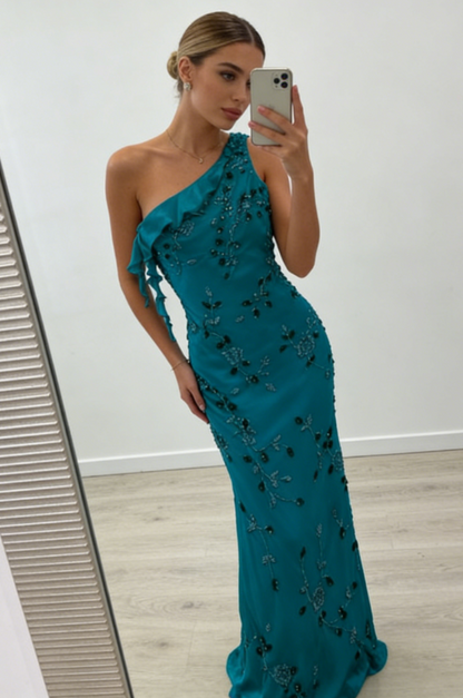 Vintage One Shoulder Turquoise Long Formal Dresses Chiffon Beaded Prom Dresses Elegant Sheath Evening Gowns ED04655
