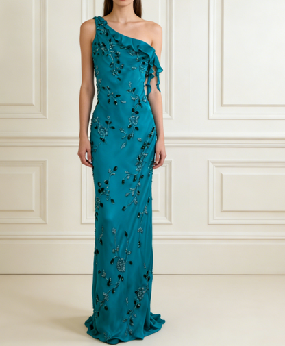 Vintage One Shoulder Turquoise Long Formal Dresses Chiffon Beaded Prom Dresses Elegant Sheath Evening Gowns ED04655