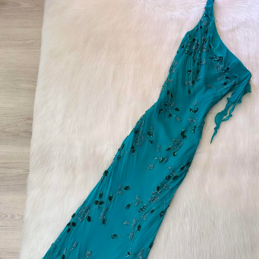 Vintage One Shoulder Turquoise Long Formal Dresses Chiffon Beaded Prom Dresses Elegant Sheath Evening Gowns ED04655