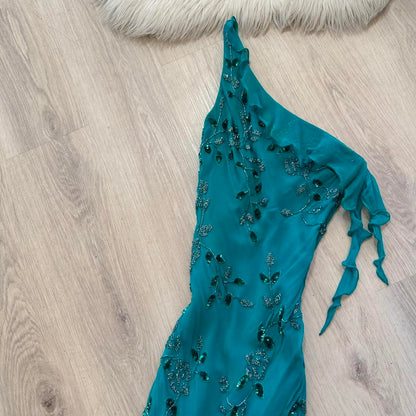 Vintage One Shoulder Turquoise Long Formal Dresses Chiffon Beaded Prom Dresses Elegant Sheath Evening Gowns ED04655