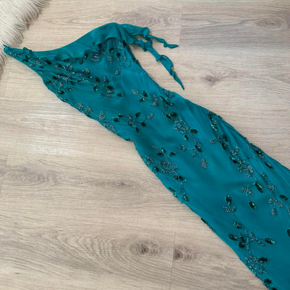 Vintage One Shoulder Turquoise Long Formal Dresses Chiffon Beaded Prom Dresses Elegant Sheath Evening Gowns ED04655