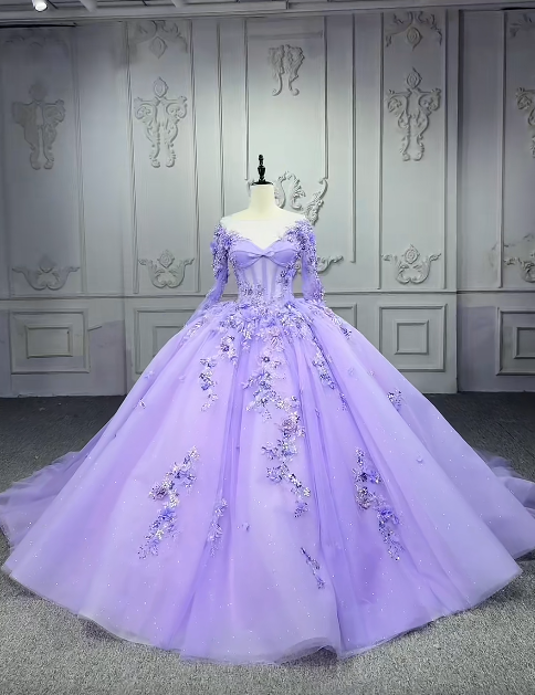 Gorgeous Ball Gown Jewel Tulle Long Prom Dresses Applique Beading Purple Quinceanera Dresses Sweet 16 Dresses ED04656