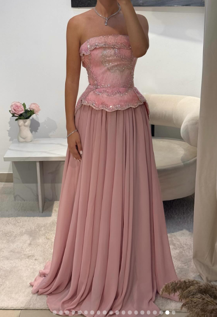 Chic Strapless Sheath Long Prom Dresses Chiffon Pink Guest Dresses Sleeveless Pink Formal Evening Gowns ED04660