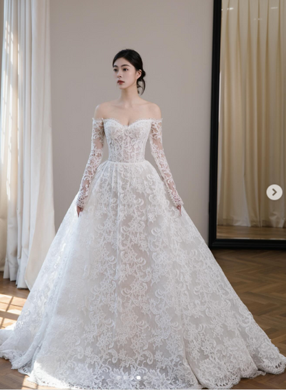 Timeless Off-the-shoulder A-Line Wedding Dresses Lace Appliques White Bridal Gowns Long Sleeve Bridal Dresses ED04662