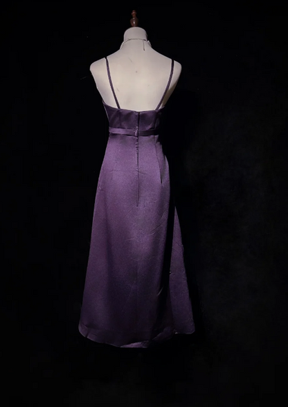 Vintage Sheath Dark Purple Formal Dresses Spaghetti Straps Guest Dresses Satin Short Prom Dresses ED04668