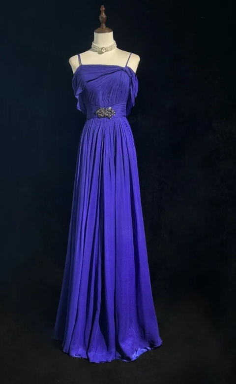 Vintage Sheath Royal Blue Formal Dresses Spaghetti Straps Guest Dresses Chiffon Long Prom Dresses ED04669