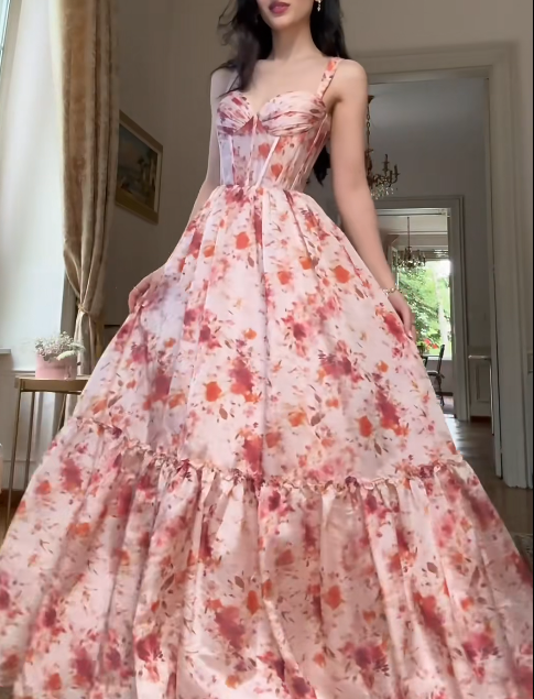 Chic Spaghetti Strap A-Line Wedding Guest Dresses Satin Floral Formal Dresses ED04671