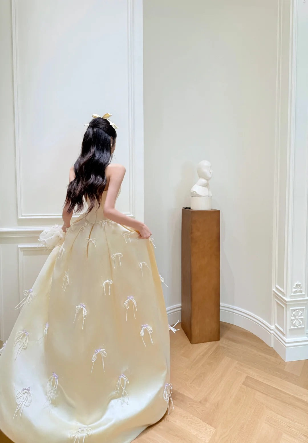 Sweet Strapless A-Line Long Prom Dresses Satin Butter Yellow Long Formal Dresses, Cute Birthday Dresses ED04673