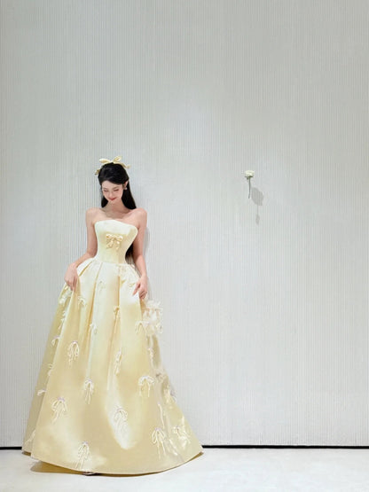Sweet Strapless A-Line Long Prom Dresses Satin Butter Yellow Long Formal Dresses, Cute Birthday Dresses ED04673