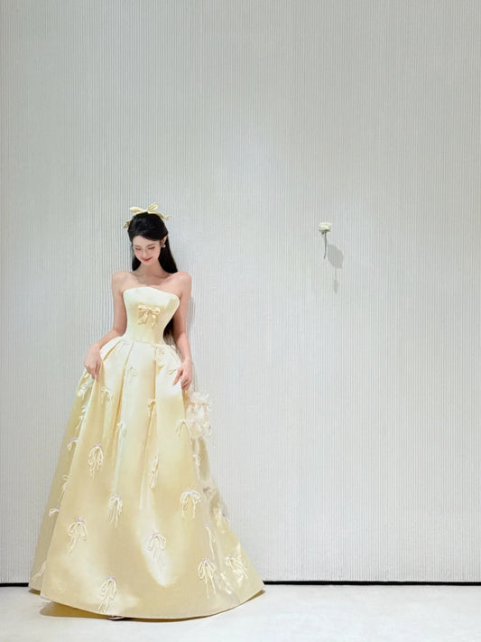 Sweet Strapless A-Line Long Prom Dresses Satin Butter Yellow Long Formal Dresses, Cute Birthday Dresses ED04673