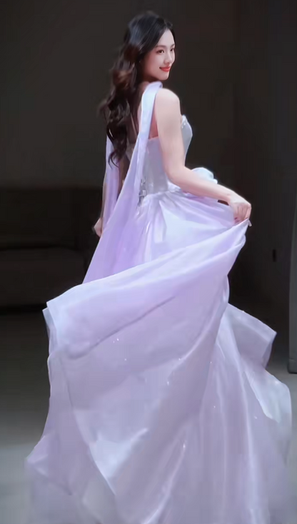 Glitter Strapless A-Line Long Prom Dresses Tulle Purple Sweet 16 Dresses ED04674