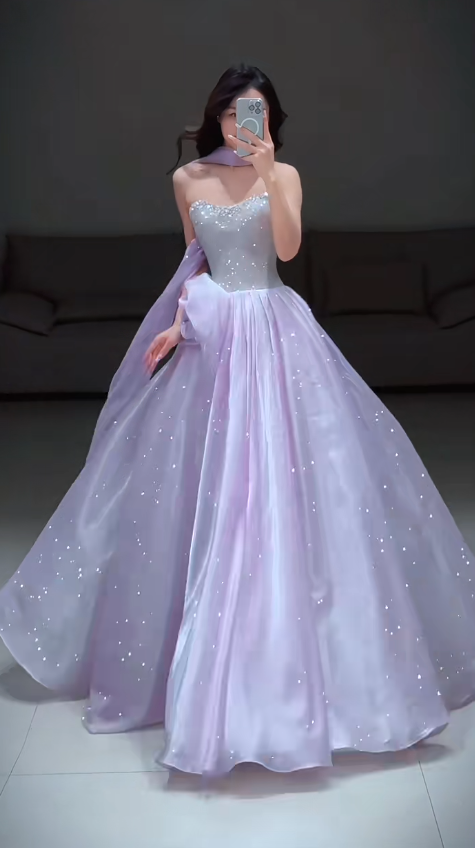 Glitter Strapless A-Line Long Prom Dresses Tulle Purple Sweet 16 Dresses ED04674