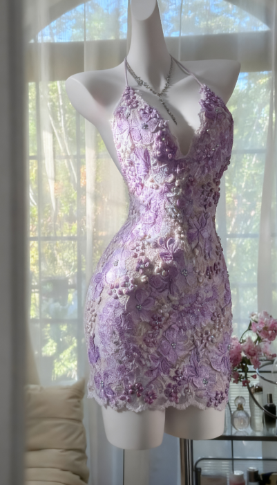 Sweet Halter Sheath Short Prom Dresses Embroidered Applique Homecoming Dresses Pink Birthday Dresses ED04677