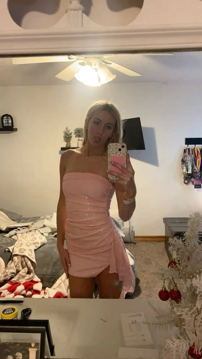 Sexy Strapless Tight Short Prom Dresses Pink Birthday Dresses Sequins Sparkly Homecoming Dresses ED04679