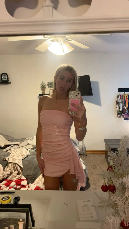 Sexy Strapless Tight Short Prom Dresses Pink Birthday Dresses Sequins Sparkly Homecoming Dresses ED04679