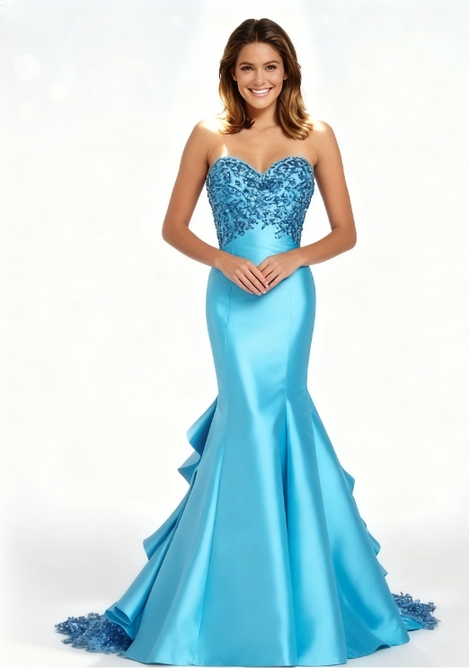 Elegant Strapless Mermaid Long Prom Dresses Satin Blue Evening Gowns ED04686