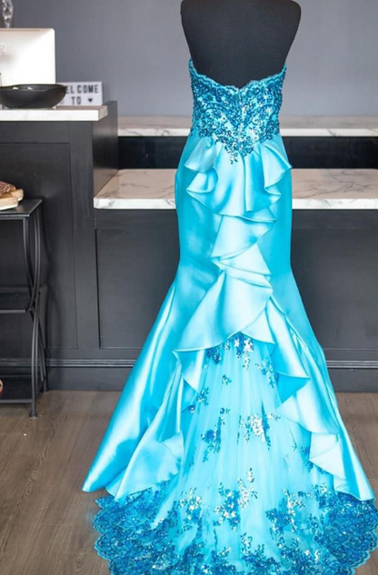 Elegant Strapless Mermaid Long Prom Dresses Satin Blue Evening Gowns ED04686
