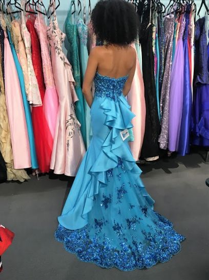 Elegant Spaghetti Strap Mermaid Long Prom Dresses Satin Blue Evening Gowns ED04686