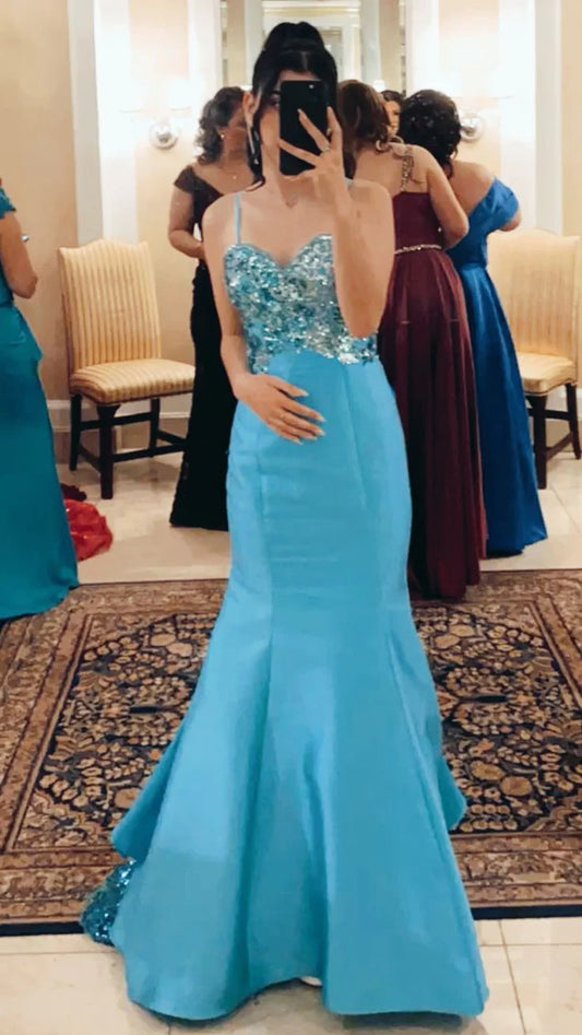 Elegant Spaghetti Strap Mermaid Long Prom Dresses Satin Blue Evening Gowns ED04686