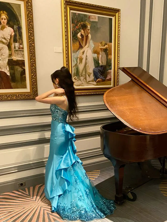 Elegant Spaghetti Strap Mermaid Long Prom Dresses Satin Blue Evening Gowns ED04686