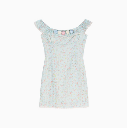 Französisches Teepausenkleid mit zarten Blumenmustern und kleinen fliegenden Ärmeln und quadratischem Ausschnitt ED0468