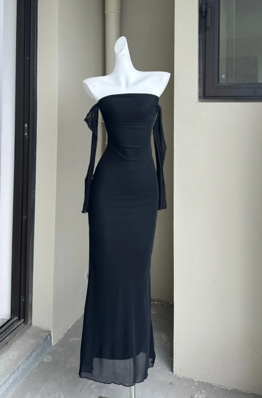Simple Off-the-shoulder Bodycon Long Prom Dresses Chiffon Black Formal Dresses ED04670